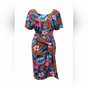 Hilo Hattie Teal, Pink & Brown Tropical Tie-Waist Midi Dress